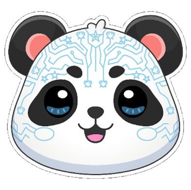 “Cute panda face with large black ears, blush on cheeks, blue eyes, and decorative circuitry-style patterns on forehead; smiling expression